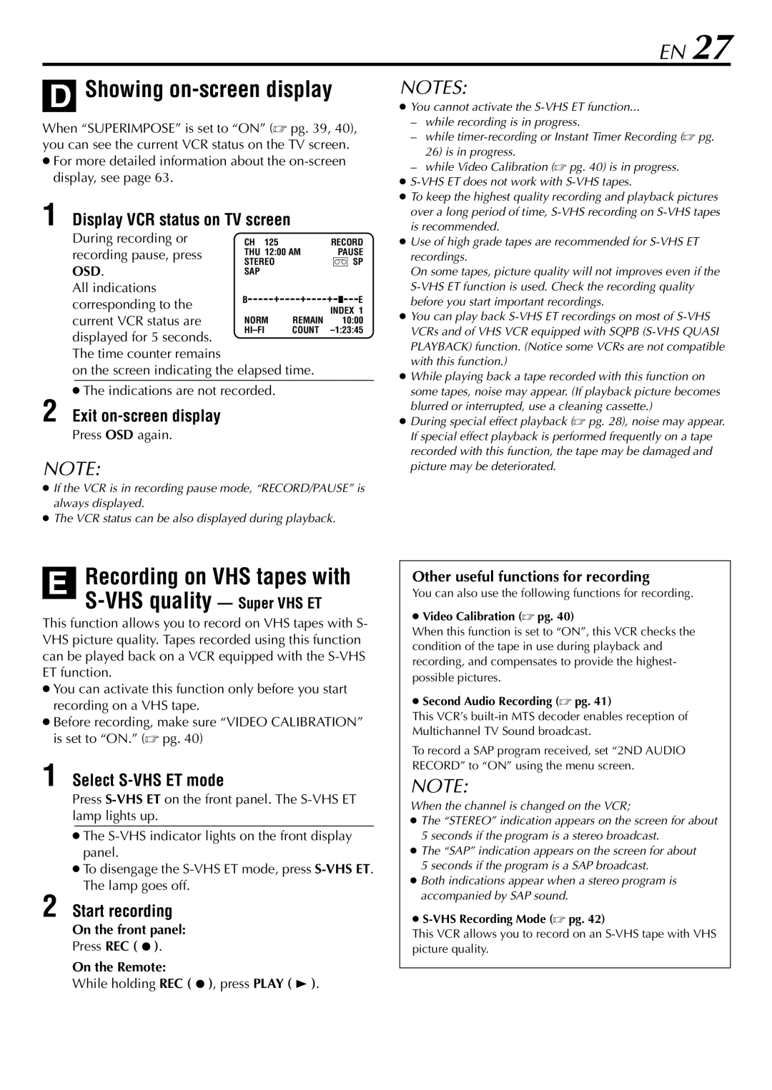 JVC HR-5910U Showing on-screen display, Display VCR status on TV screen, Exit on-screen display, Select S-VHS ET mode 