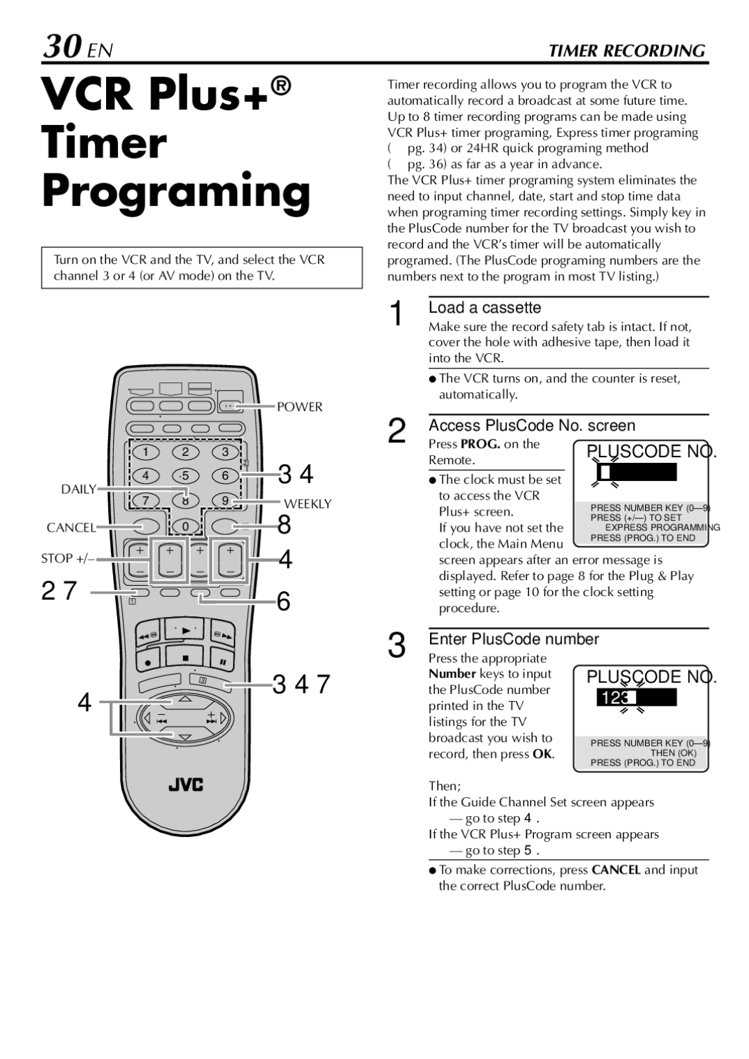 JVC HR-S5900U, HR-5910U manual VCR Plus+ Timer Programing, 30 EN, Access PlusCode No. screen, Enter PlusCode number 