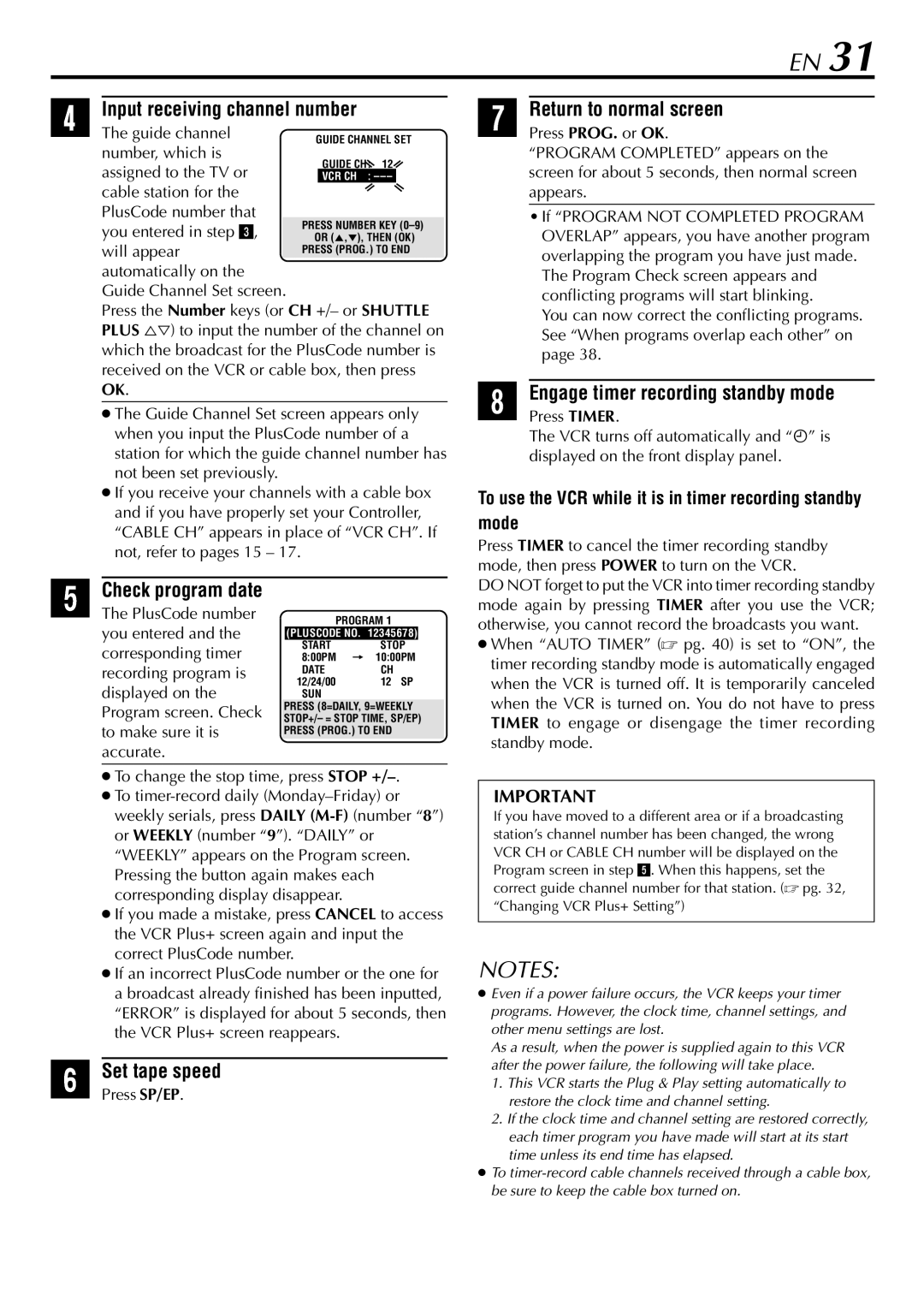 JVC HR-5910U manual Input receiving channel number, Engage timer recording standby mode, Check program date, Press SP/EP 