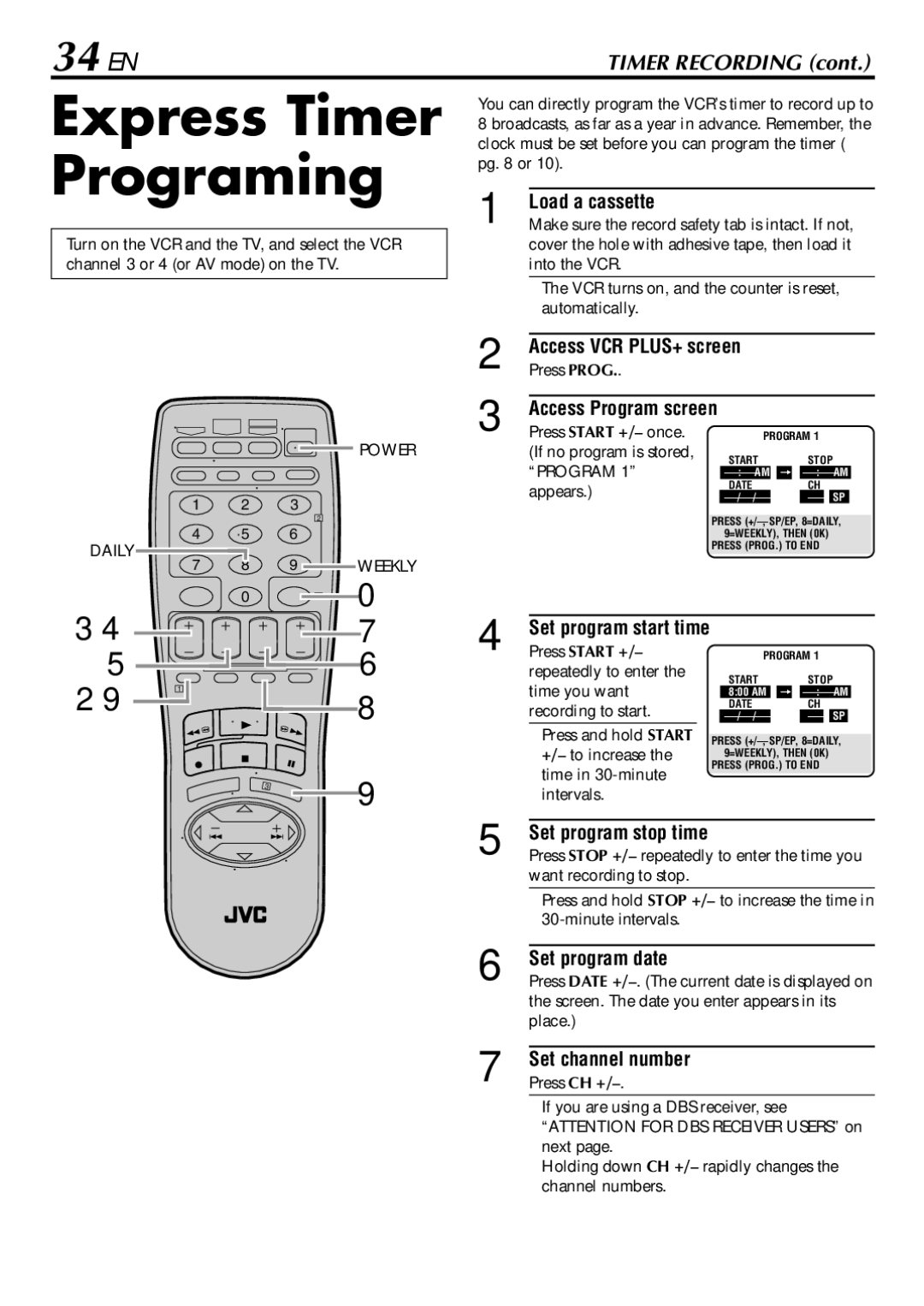 JVC HR-S5900U, HR-5910U manual Express Timer Programing, 34 EN 