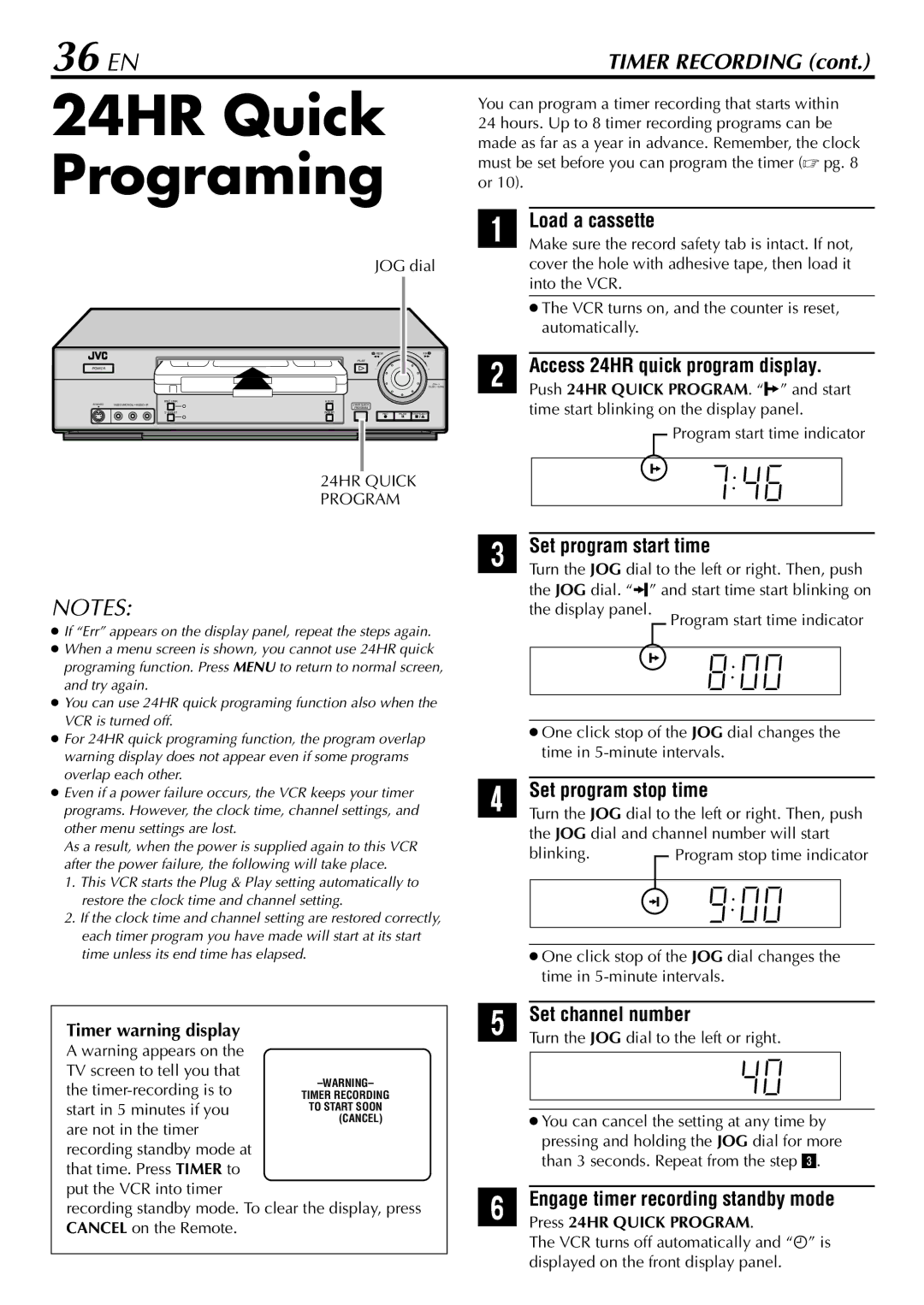 JVC HR-S5900U, HR-5910U manual 24HR Quick Programing, 36 EN, Access 24HR quick program display, Timer warning display 