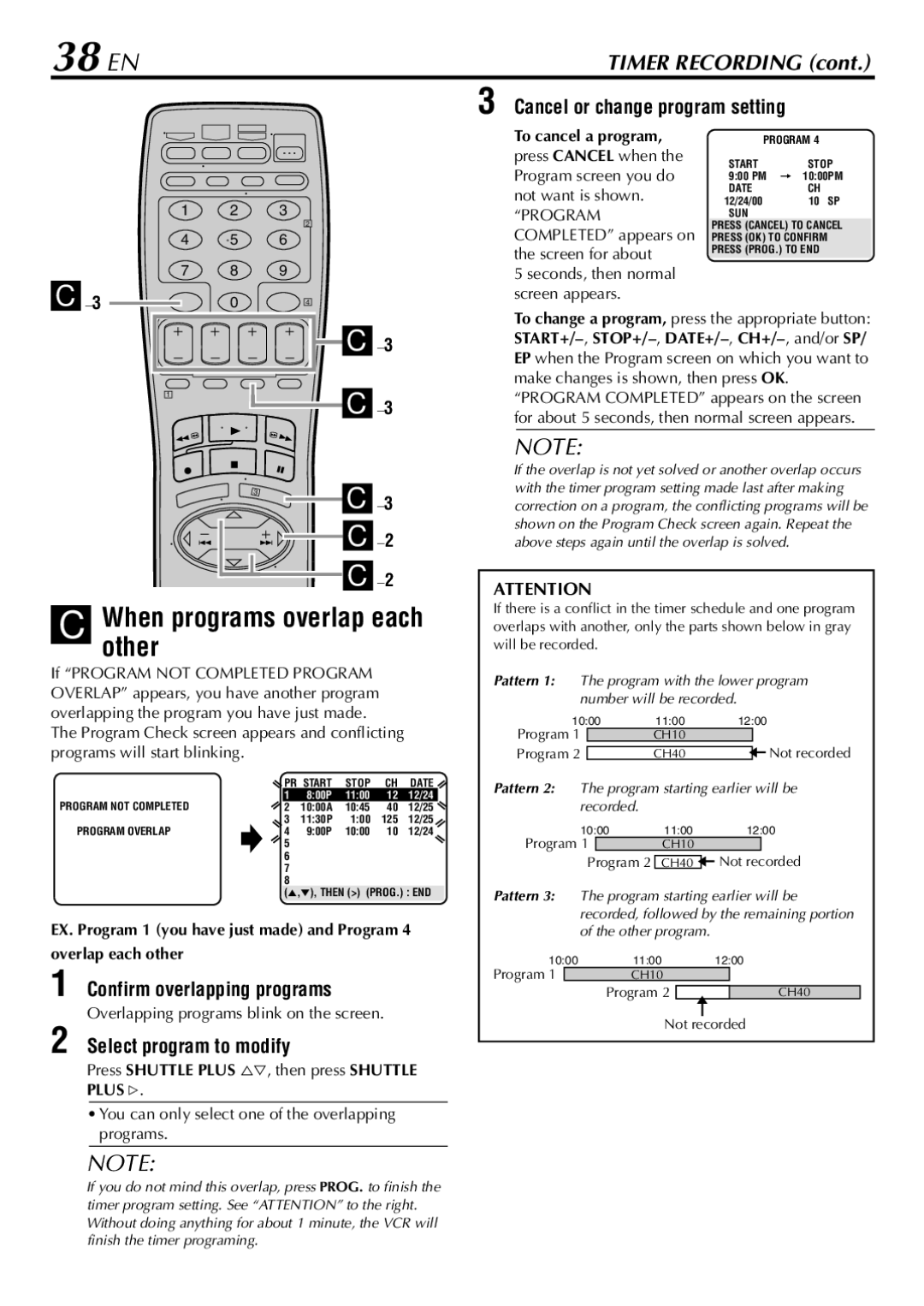 JVC HR-S5900U 38 EN, Confirm overlapping programs, Select program to modify, Overlapping programs blink on the screen 