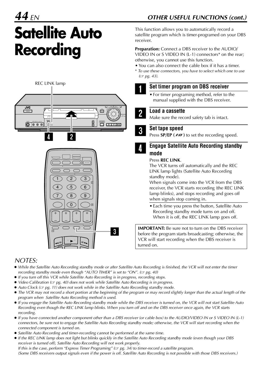 JVC HR-S5900U manual 44 EN, Set timer program on DBS receiver, Engage Satellite Auto Recording standby mode, Press REC Link 