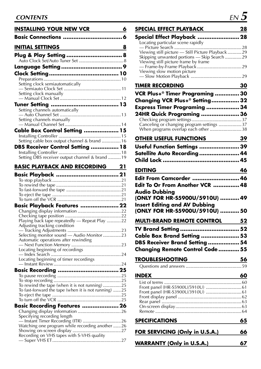 JVC HR-5910U, HR-S5900U manual Contents 