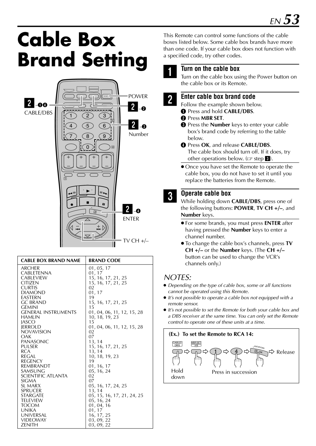 JVC HR-5910U, HR-S5900U manual Cable Box Brand Setting, Turn on the cable box, Enter cable box brand code, Operate cable box 