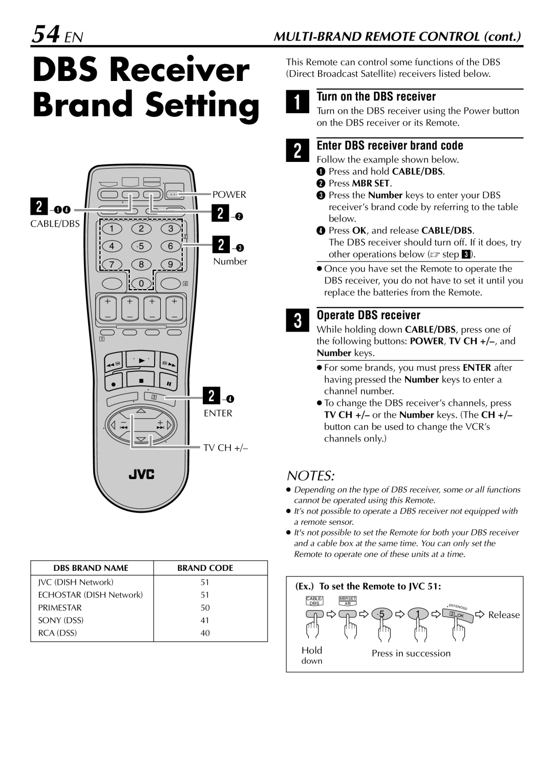 JVC HR-S5900U, HR-5910U manual DBS Receiver Brand Setting, 54 EN, Turn on the DBS receiver, Enter DBS receiver brand code 