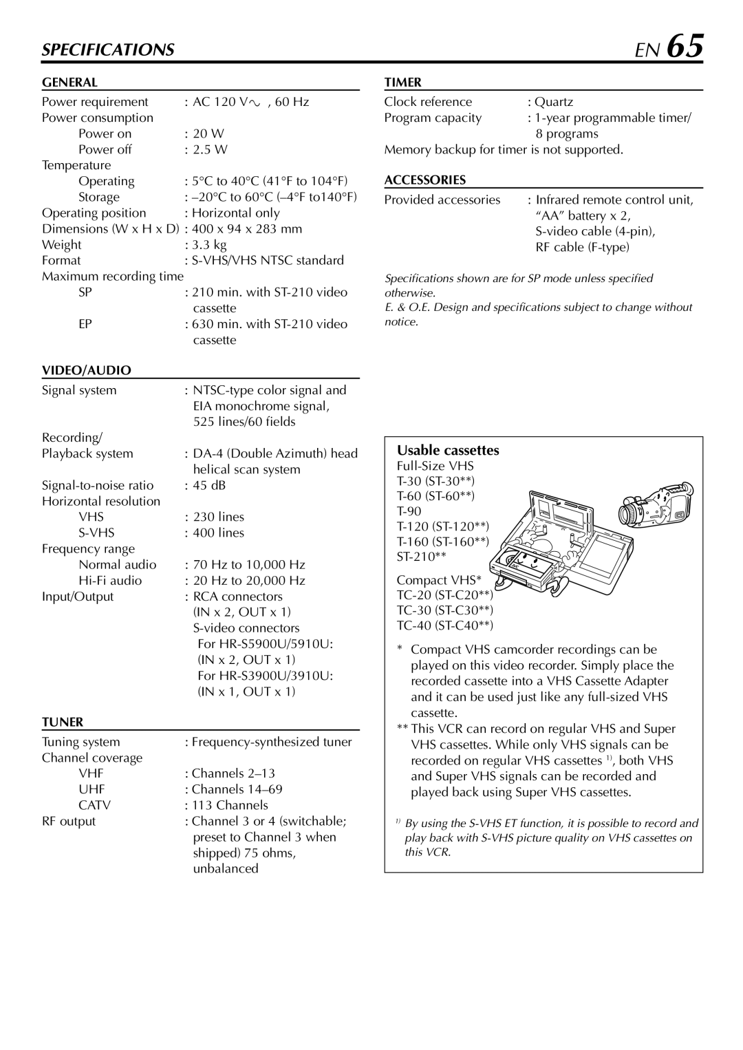 JVC HR-5910U, HR-S5900U manual Usable cassettes 