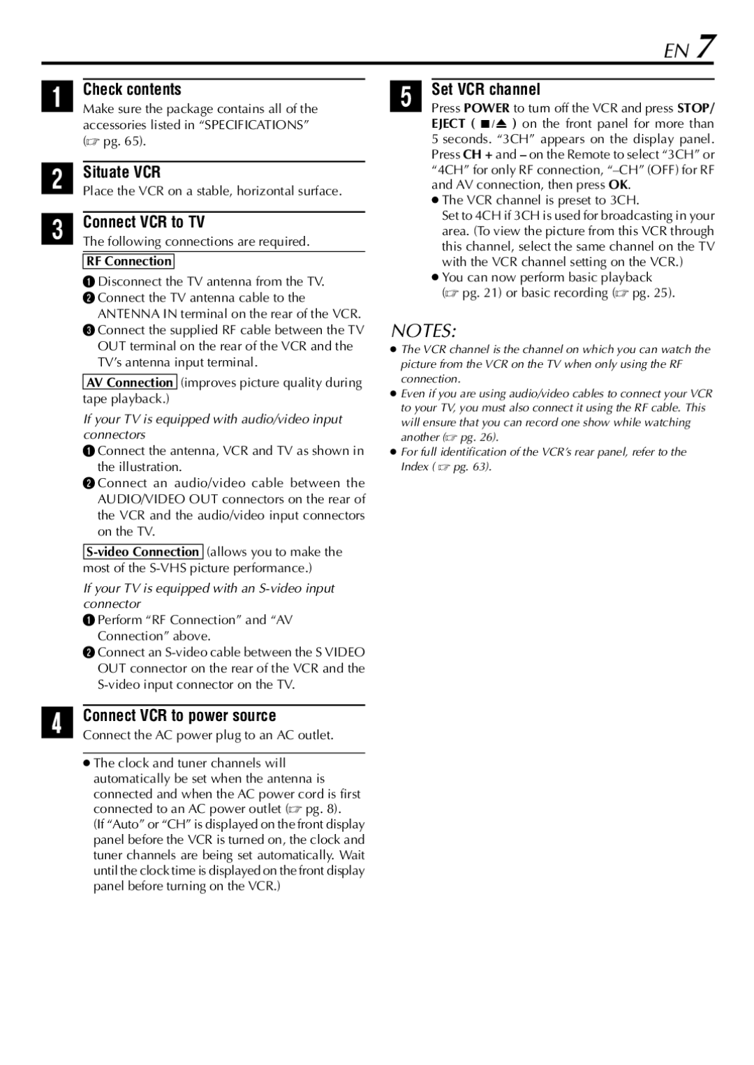 JVC HR-5910U, HR-S5900U manual Check contents, Situate VCR, Connect VCR to TV, Connect VCR to power source, Set VCR channel 