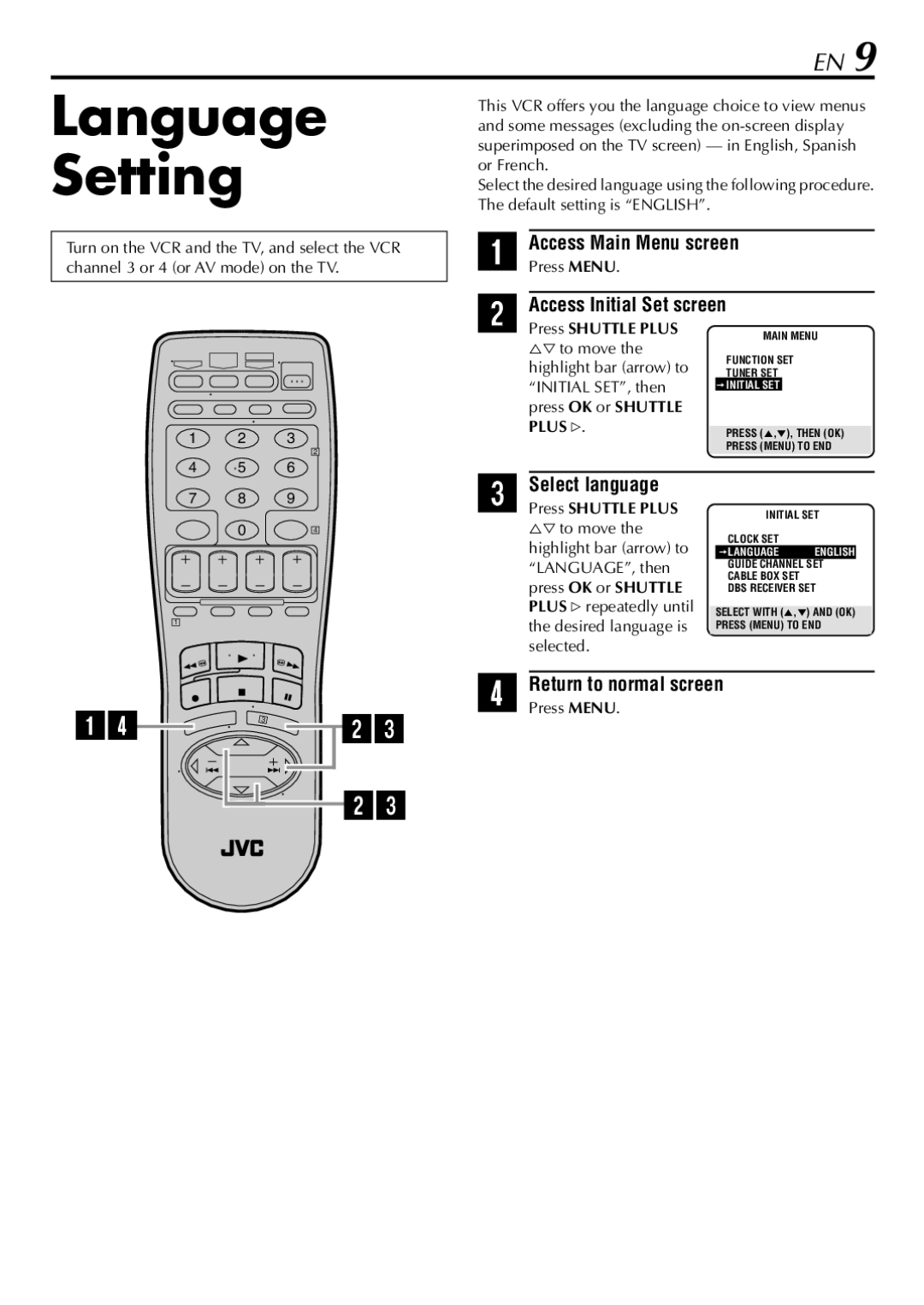 JVC HR-5910U, HR-S5900U manual Language Setting, Access Main Menu screen, Access Initial Set screen, Select language 