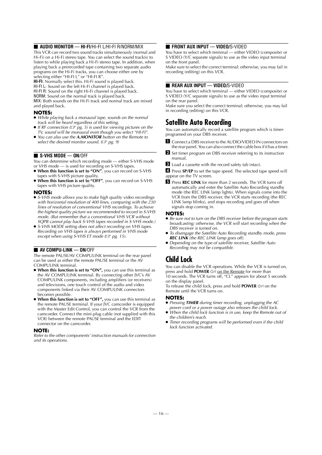 JVC HR-S5901, HR-5911U specifications Satellite Auto Recording, Child Lock 