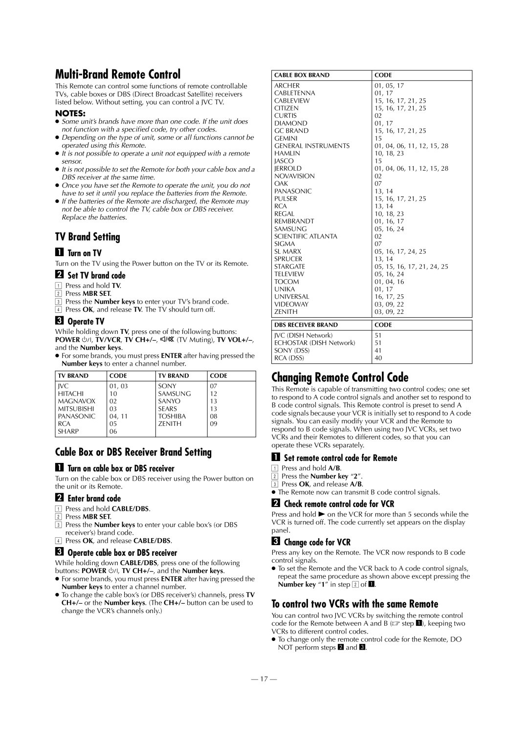 JVC HR-5911U, HR-S5901 specifications Multi-Brand Remote Control, Changing Remote Control Code, TV Brand Setting 