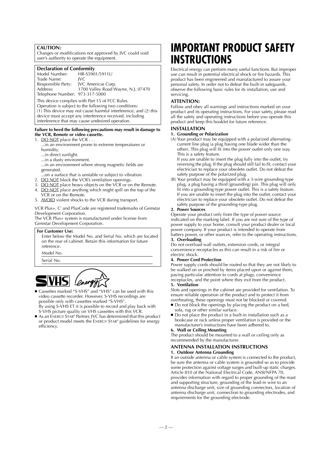 JVC HR-S5901, HR-5911U specifications Declaration of Conformity 