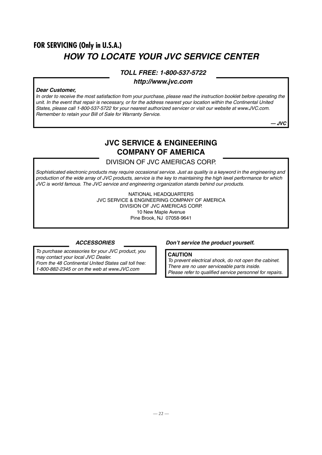 JVC HR-S5901, HR-5911U specifications HOW to Locate Your JVC Service Center, For Servicing Only in U.S.A 