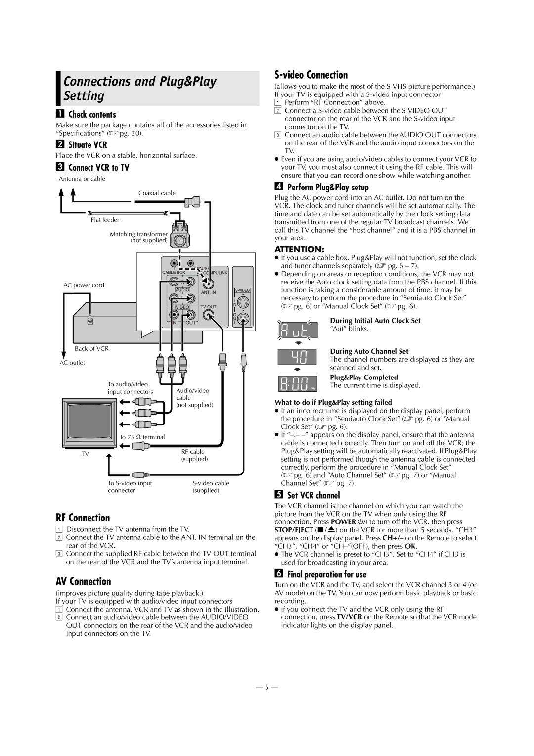 JVC HR-5911U, HR-S5901 specifications Connections and Plug&Play Setting, RF Connection, AV Connection, Video Connection 