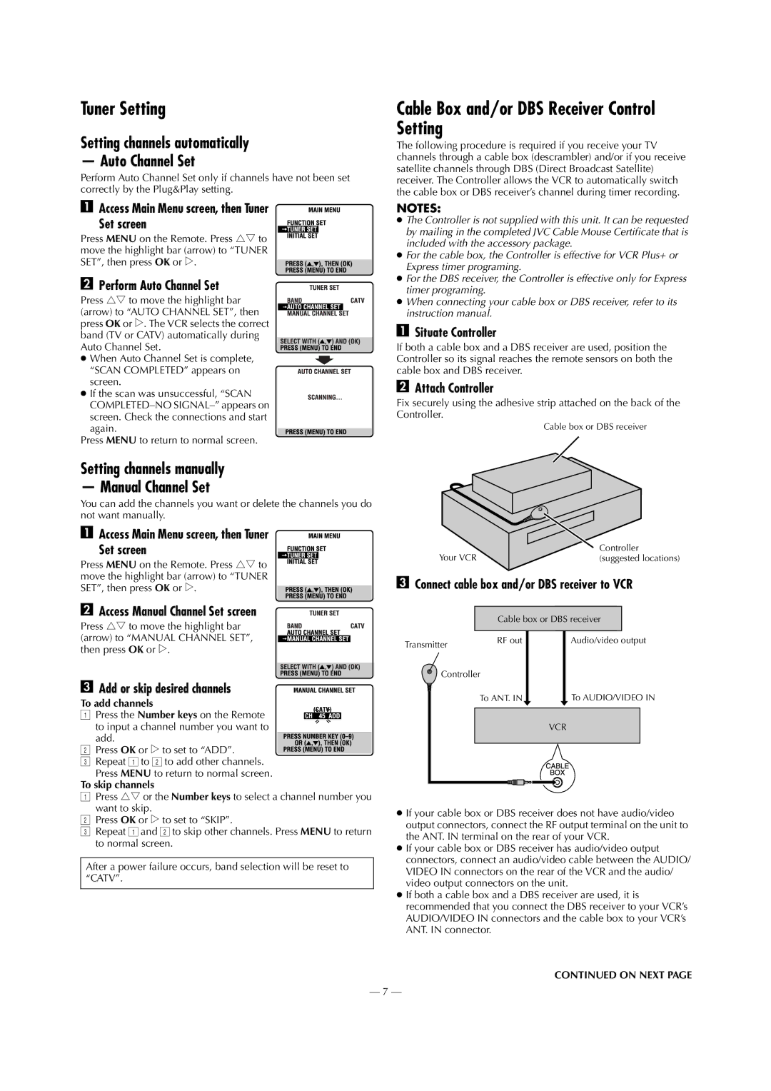 JVC HR-5911U Tuner Setting, Cable Box and/or DBS Receiver Control Setting, Setting channels automatically Auto Channel Set 