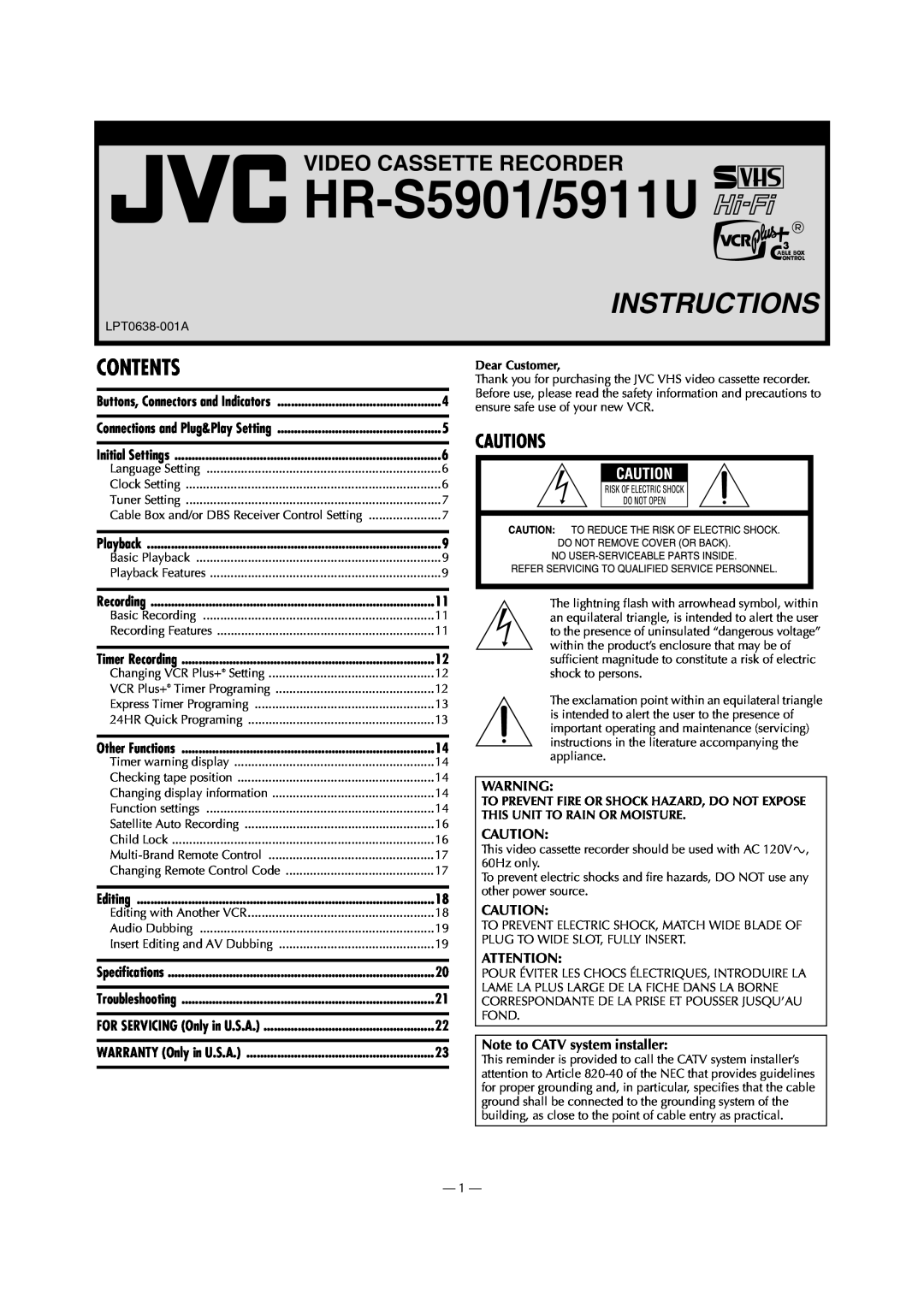 JVC HR-5911U specifications Video Cassette Recorder, Contents, Cautions, Note to CATV system installer, HR-S5901/5911U 