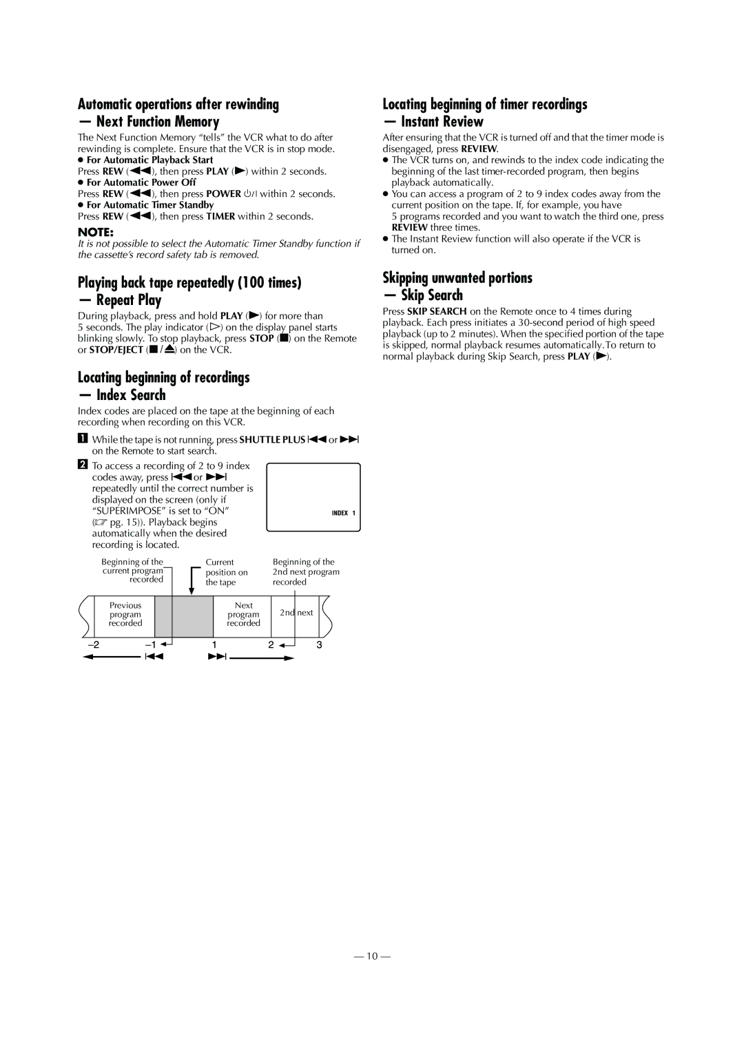 JVC HR-S5902/5912U Automatic operations after rewinding Next Function Memory, Skipping unwanted portions Skip Search 