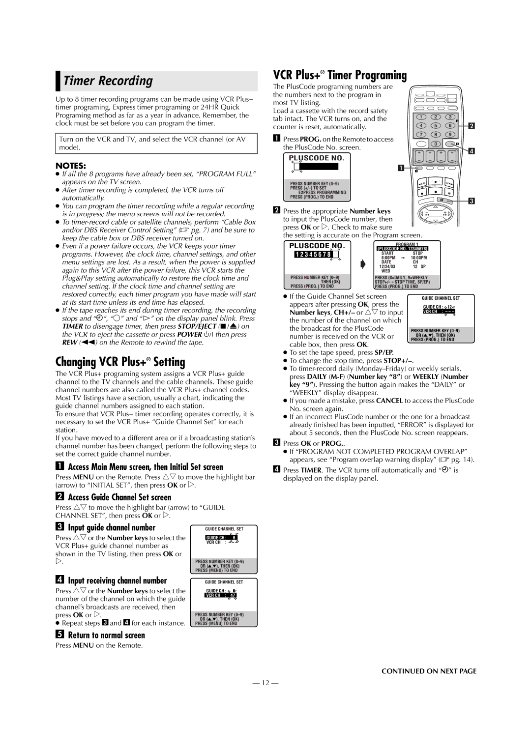 JVC HR-S5902/5912U specifications Timer Recording, Changing VCR Plus+ Setting, VCR Plus+ Timer Programing 