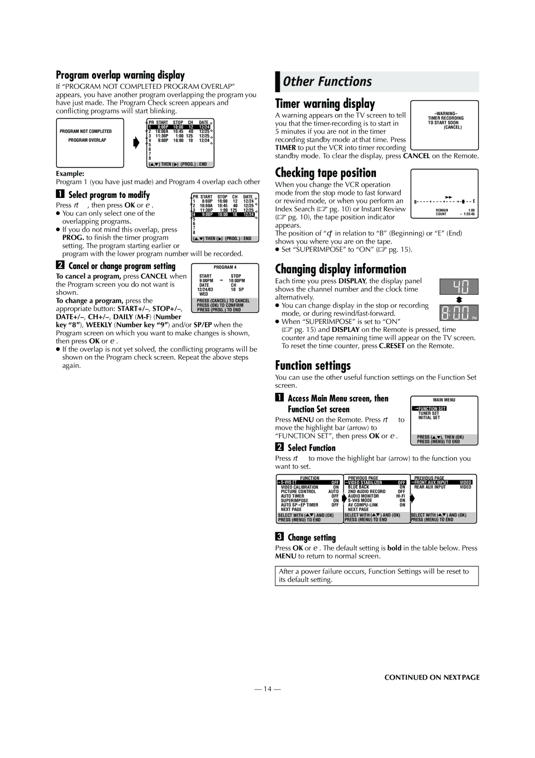 JVC HR-S5902/5912U Other Functions, Timer warning display, Checking tape position, Changing display information 