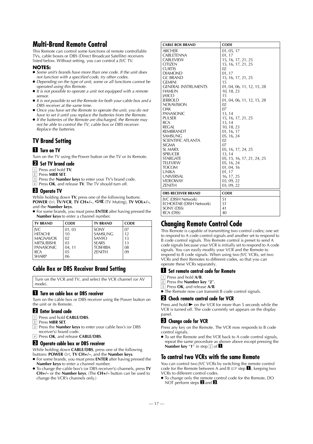 JVC HR-S5902/5912U specifications Multi-Brand Remote Control, Changing Remote Control Code, TV Brand Setting 