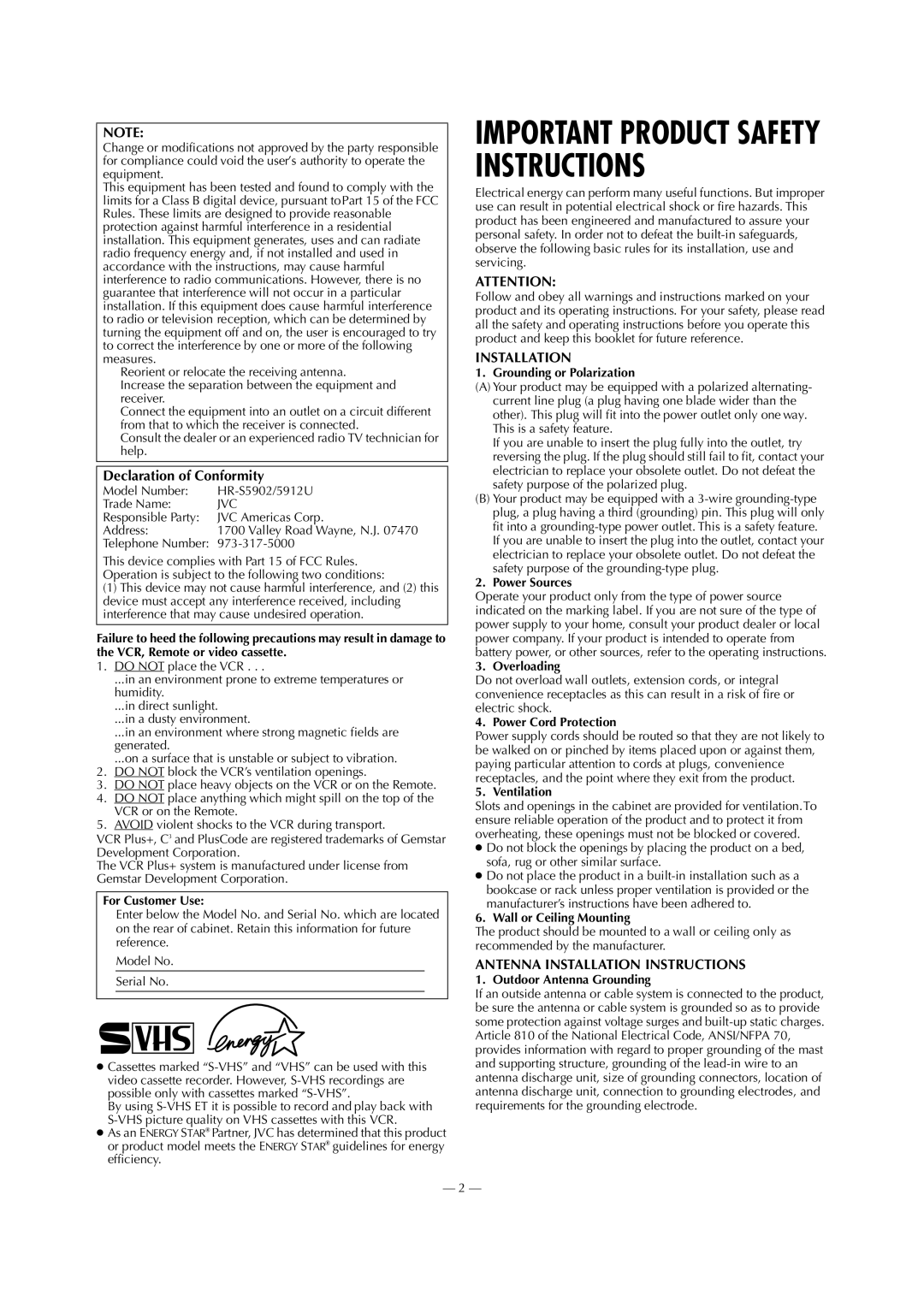 JVC HR-S5902/5912U specifications Declaration of Conformity, Antenna Installation Instructions 