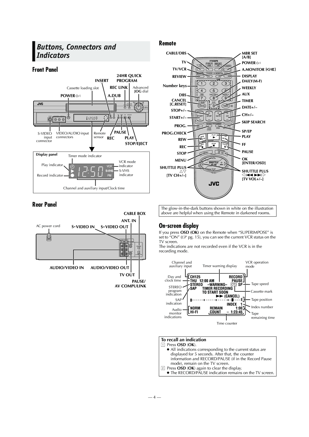 JVC HR-S5902/5912U specifications Buttons, Connectors and Indicators, Front Panel, Remote, Rear Panel, On-screen display 