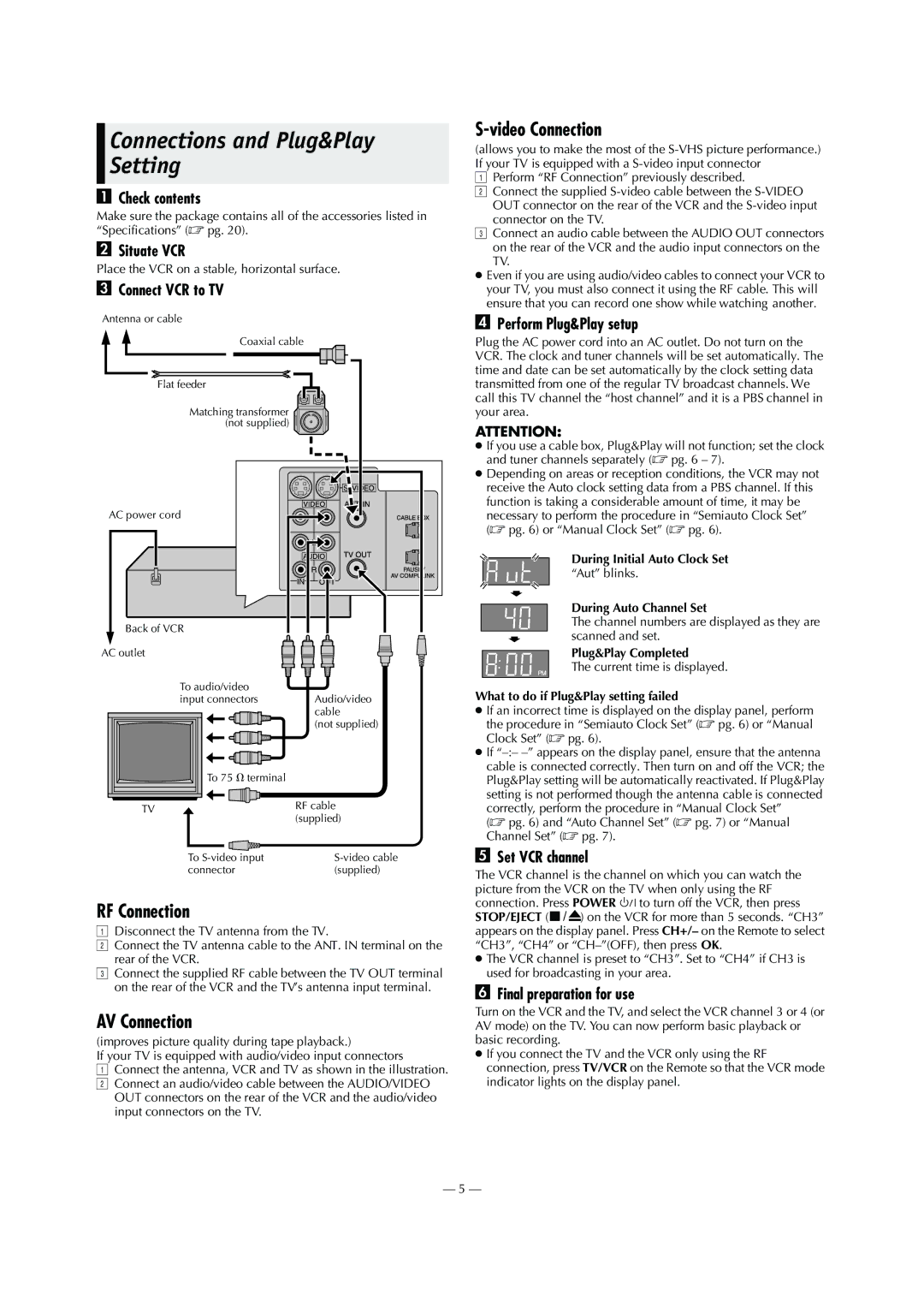 JVC HR-S5902/5912U specifications Connections and Plug&Play Setting, RF Connection, AV Connection, Video Connection 