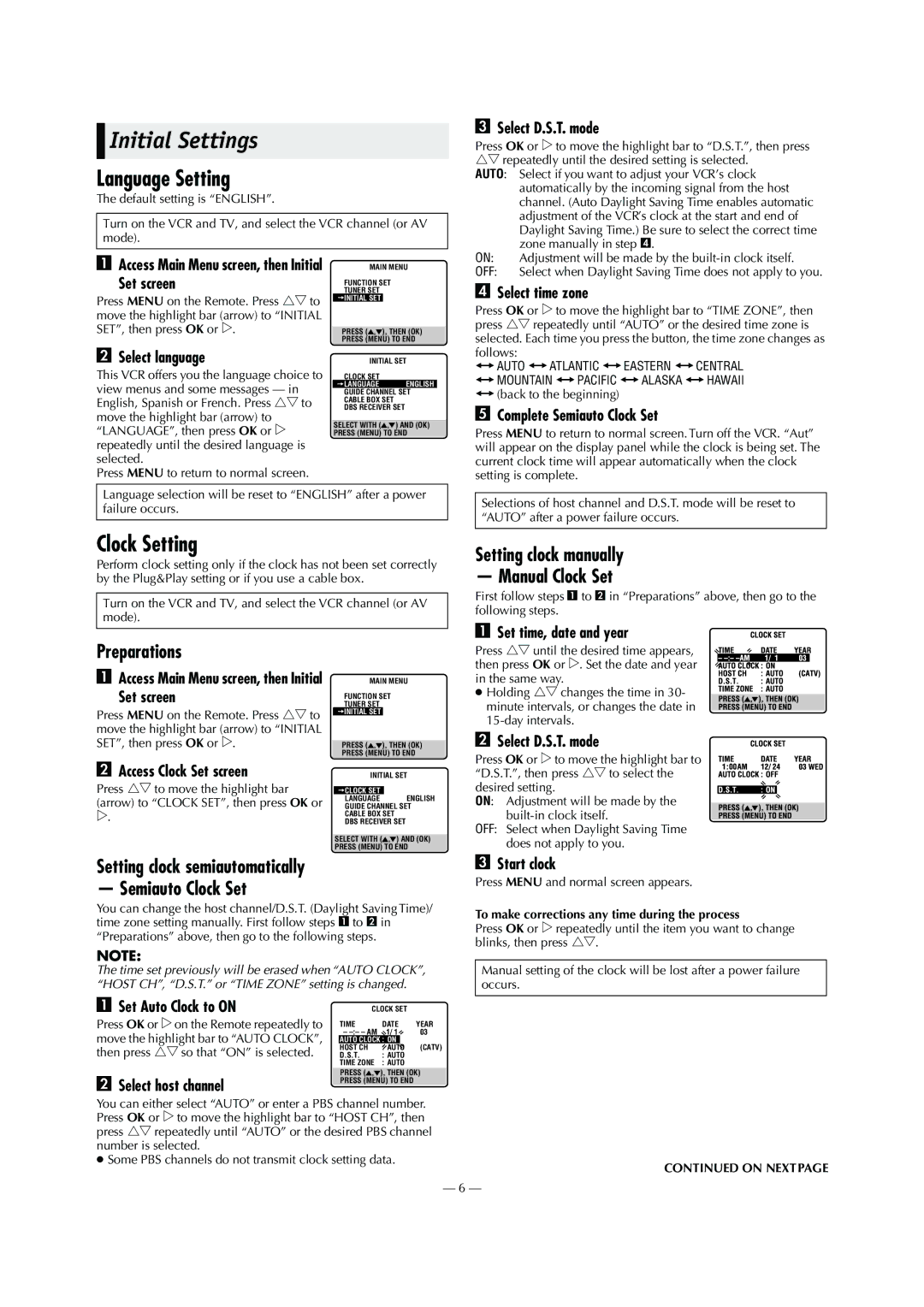 JVC HR-S5902/5912U specifications Initial Settings, Language Setting, Clock Setting 