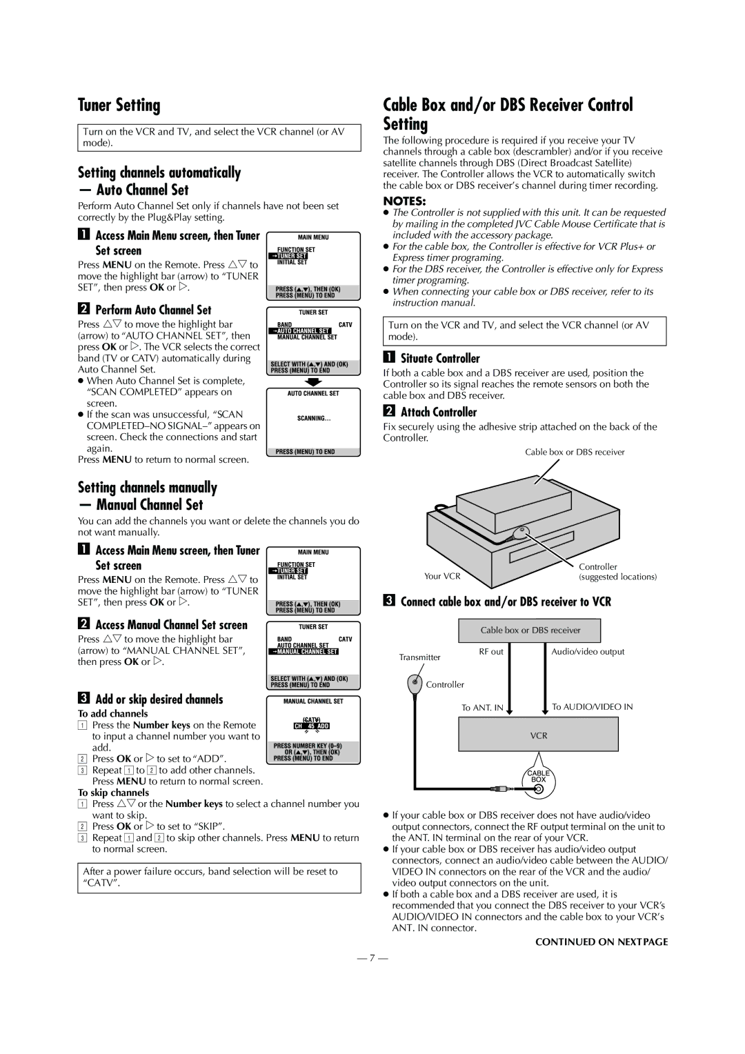 JVC HR-S5902/5912U specifications Tuner Setting, Cable Box and/or DBS Receiver Control Setting 