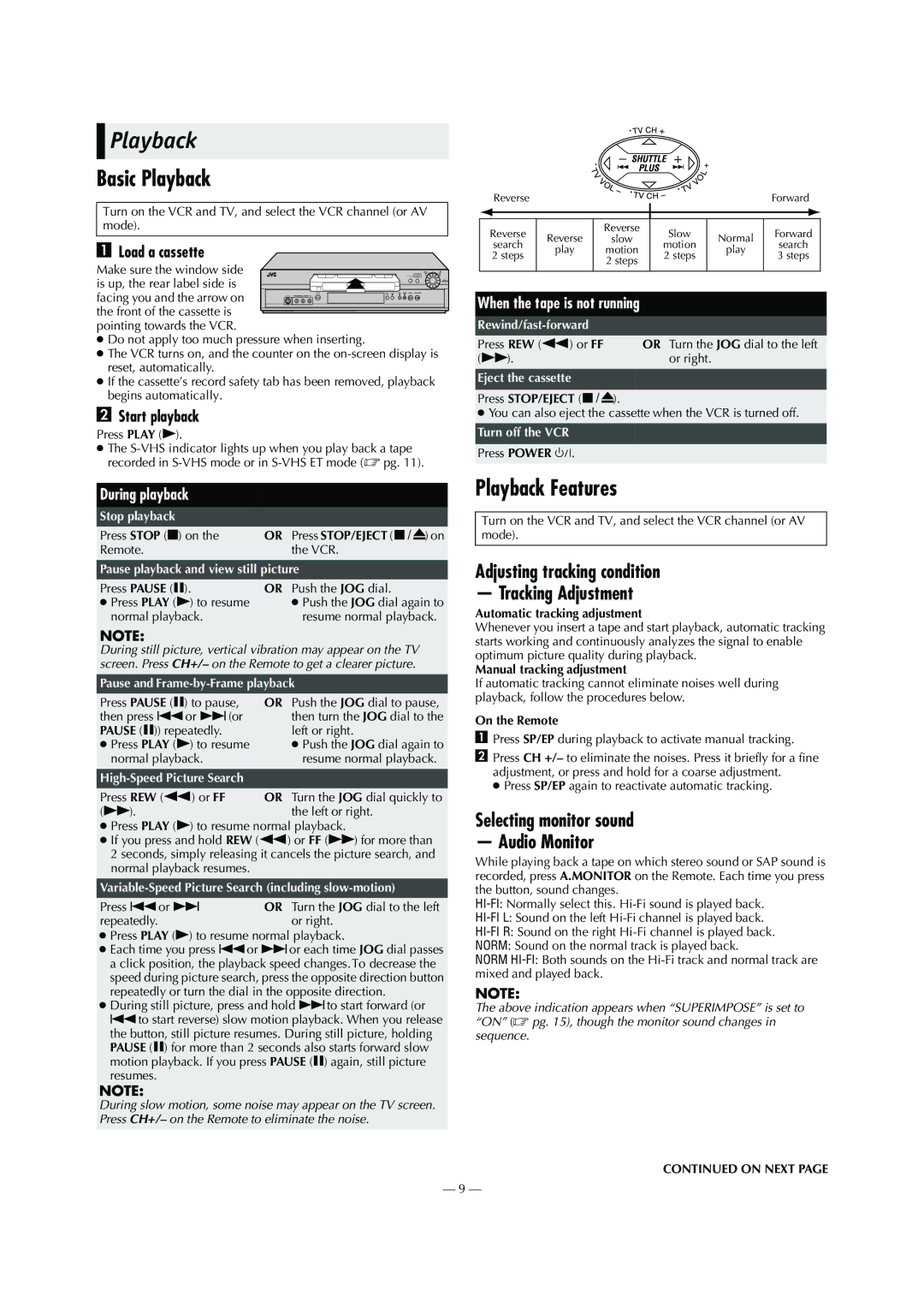 JVC HR-S5902/5912U specifications Basic Playback, Playback Features, Adjusting tracking condition Tracking Adjustment 