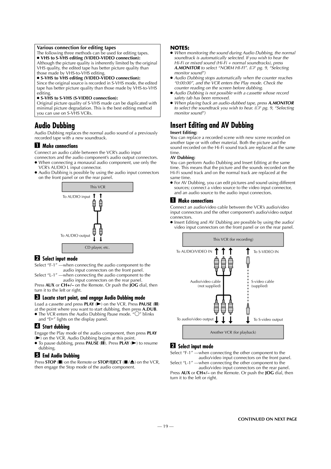 JVC HR-S5911U specifications Insert Editing and AV Dubbing, Select input mode, Start dubbing, End Audio Dubbing 