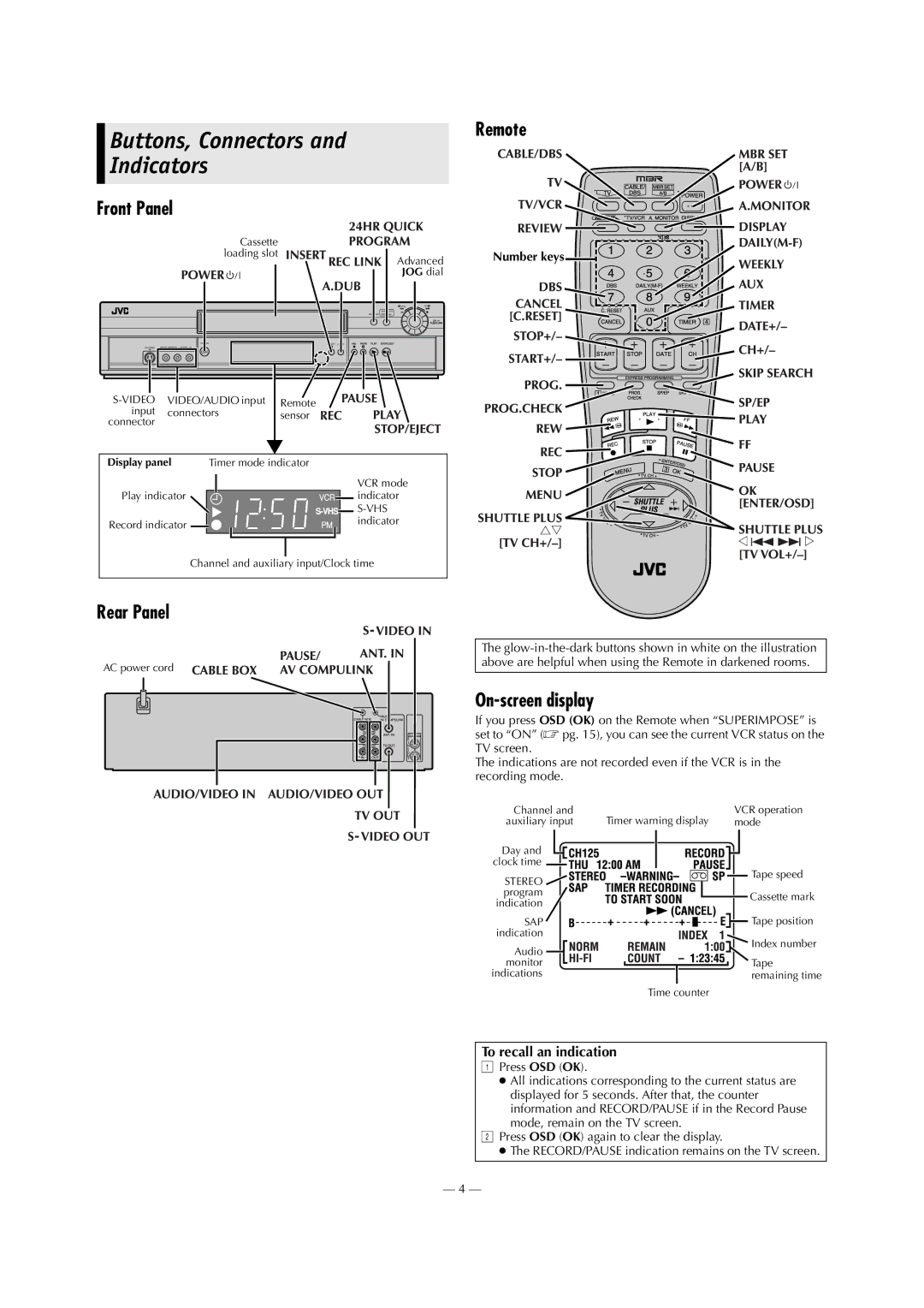 JVC HR-S5911U specifications Buttons, Connectors and Indicators, Remote Front Panel, Rear Panel, On-screen display 