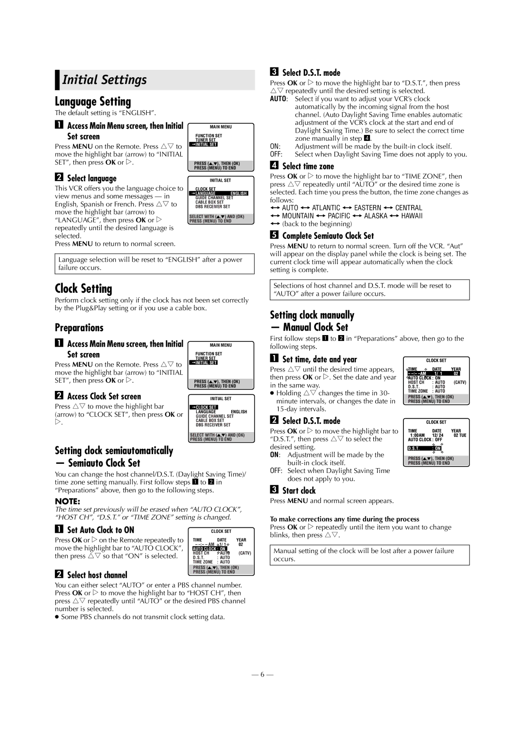 JVC HR-S5911U specifications Initial Settings, Language Setting, Clock Setting 