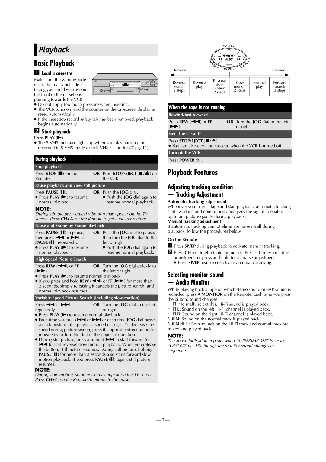 JVC HR-S5911U specifications Basic Playback, Playback Features, Adjusting tracking condition Tracking Adjustment 