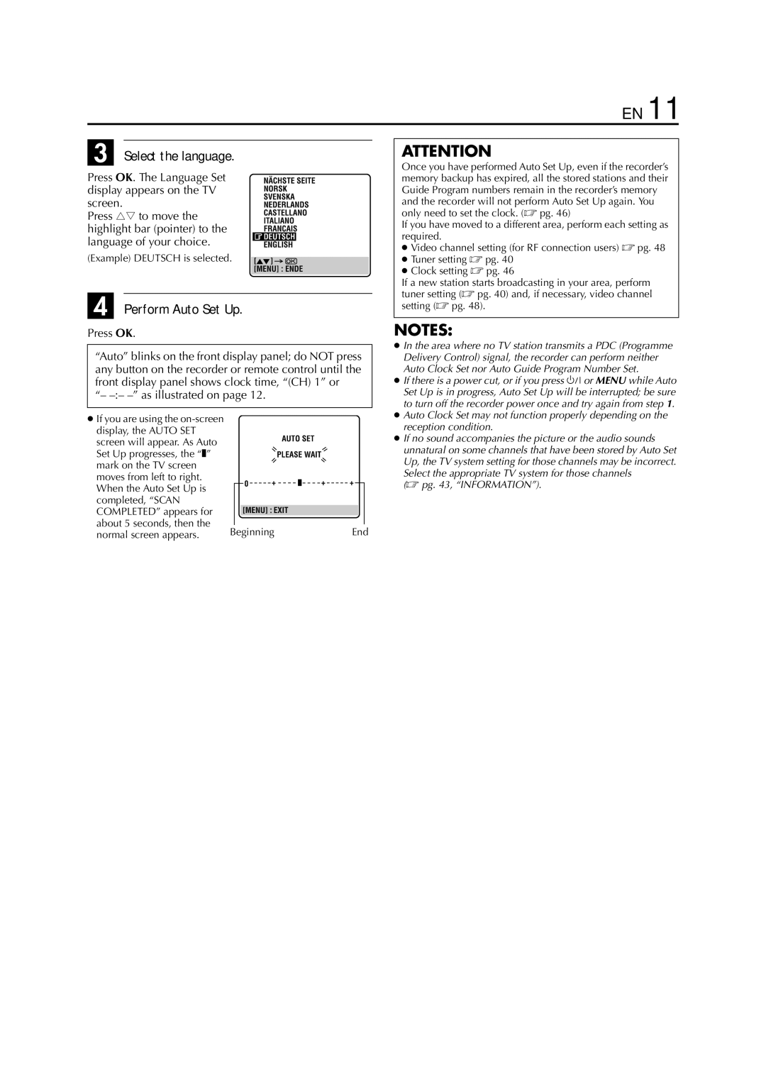 JVC HR-S5950EU Select the language, Perform Auto Set Up, Press OK. The Language Set display appears on the TV screen 