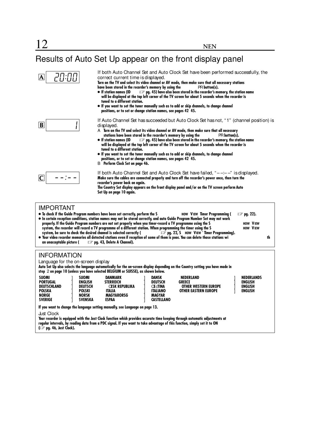 JVC HR-S5950EU 12 EN, Results of Auto Set Up appear on the front display panel, Language for the on-screen display 