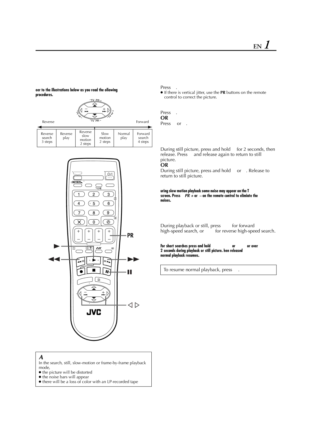 JVC HR-S5950EU specifications Slow Motion, High-Speed Turbo Search, Pause during playback, Activate frame-by-frame playback 