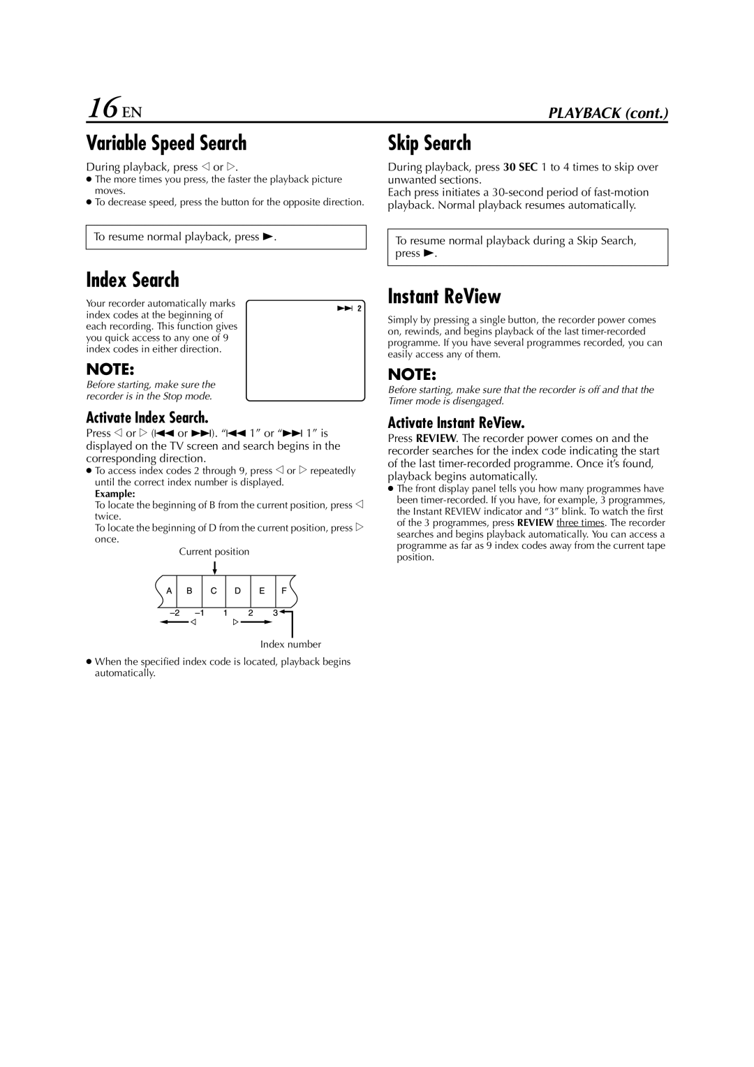 JVC HR-S5950EU specifications 16 EN, Variable Speed Search, Index Search, Skip Search, Instant ReView 