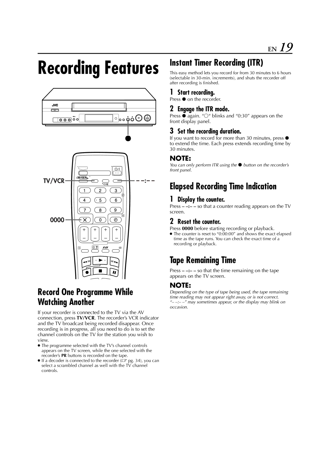 JVC HR-S5950EU specifications Instant Timer Recording ITR, Tape Remaining Time 