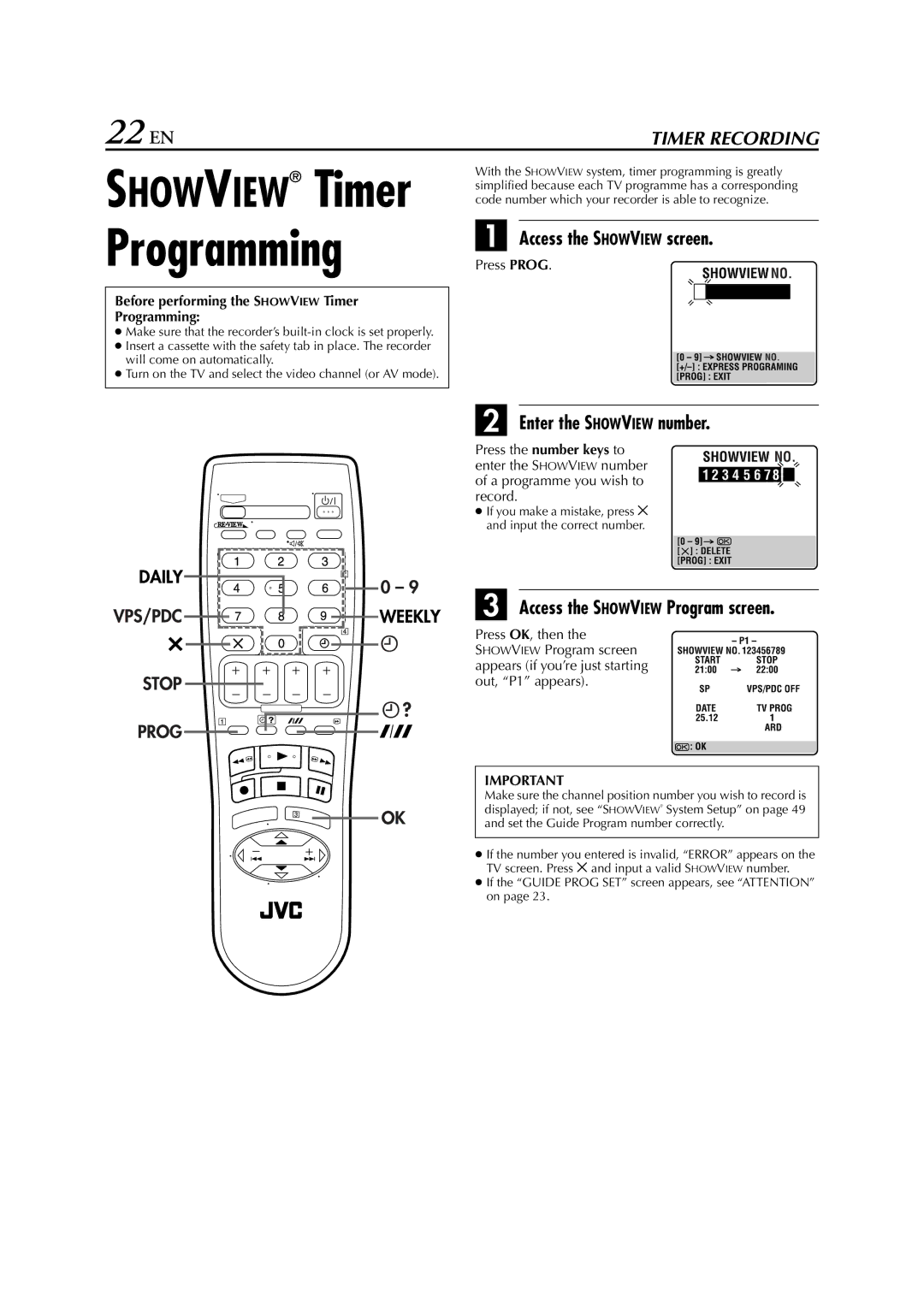 JVC HR-S5950EU 22 EN, Access the Showview screen, Enter the Showview number, Access the Showview Program screen 