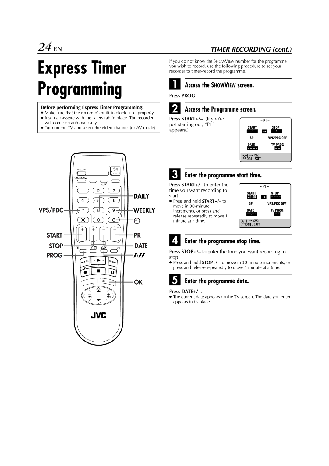 JVC HR-S5950EU specifications Express Timer Programming, 24 EN 