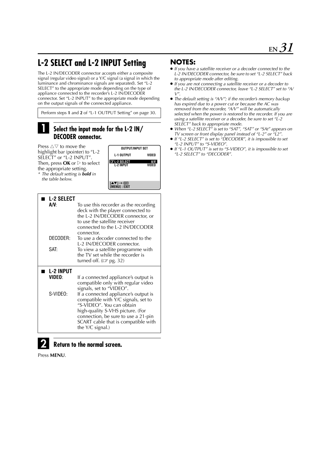 JVC HR-S5950EU specifications Select and L-2 Input Setting, Select the input mode for the L-2 Decoder connector 