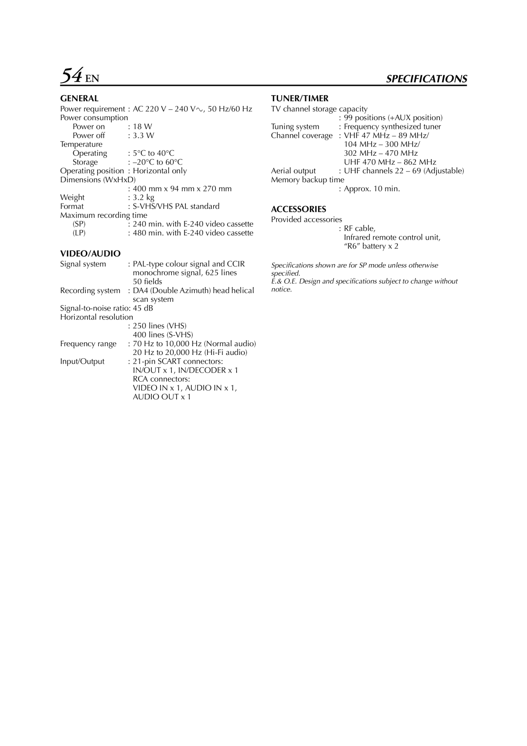 JVC HR-S5950EU specifications 54 EN 