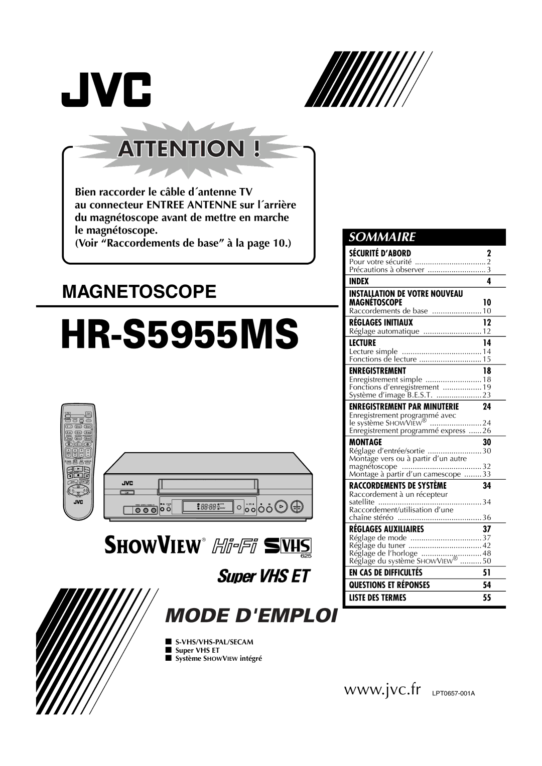 JVC HR-S5955MS manual Sécurité D’ABORD, Index, Magnétoscope, Réglages Initiaux, Lecture, Enregistrement, Montage 