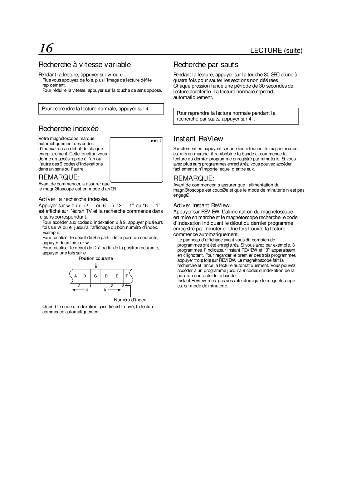 JVC HR-S5955MS manual Recherche à vitesse variable, Recherche indexée, Recherche par sauts, Instant ReView 