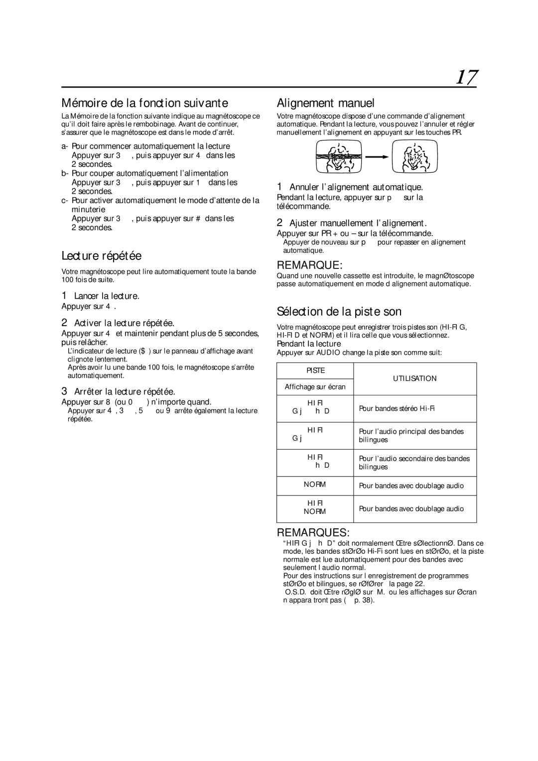 JVC HR-S5955MS manual Lecture répétée, Alignement manuel, Sélection de la piste son 