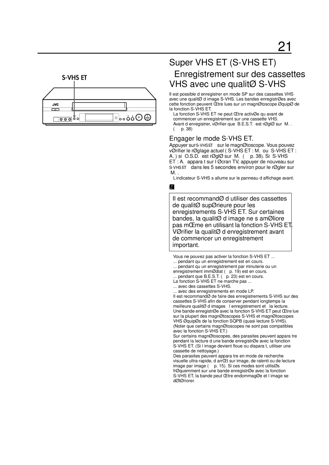 JVC HR-S5955MS manual Super VHS ET S-VHS ET, Enregistrement sur des cassettes VHS avec une qualité S-VHS 