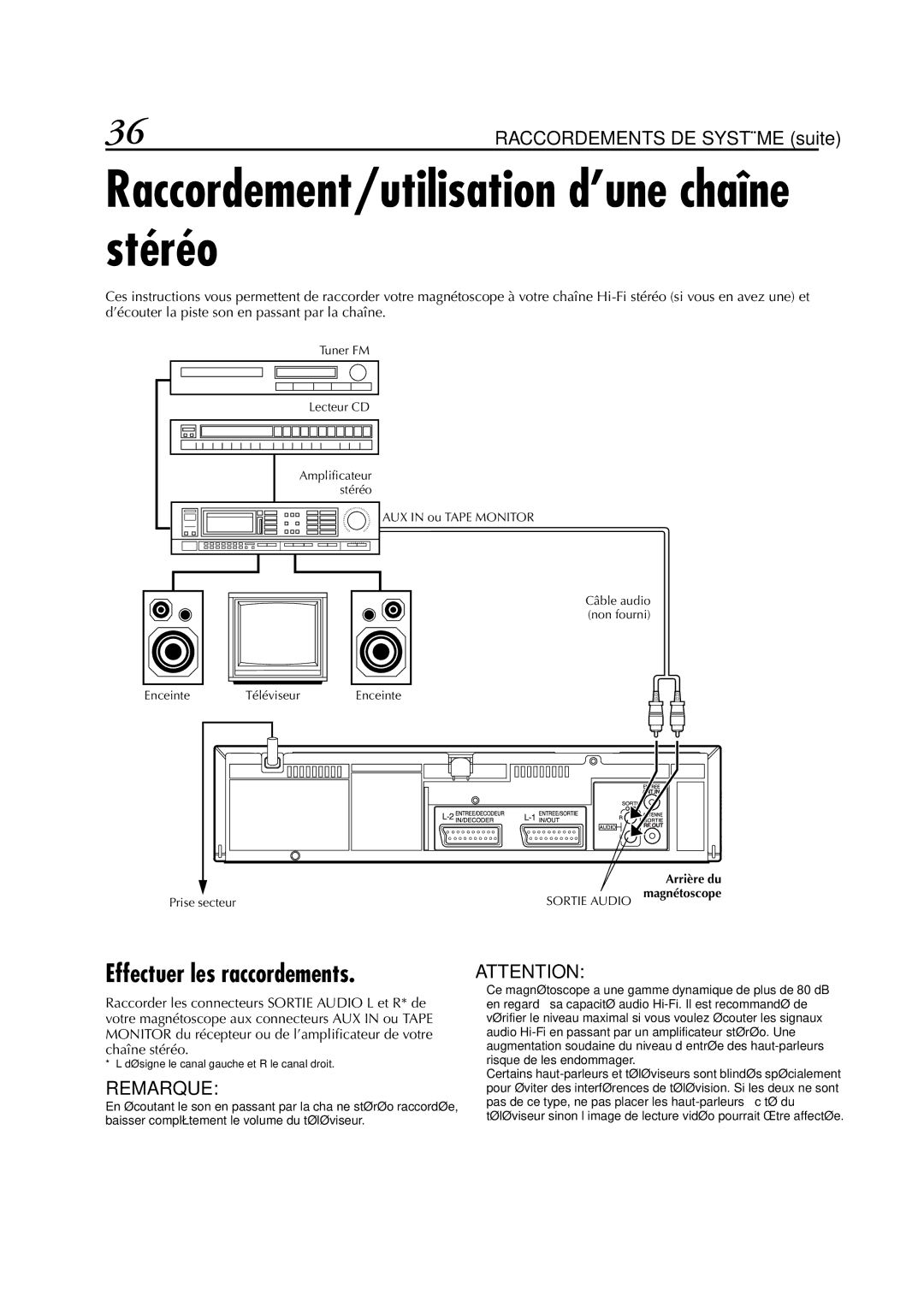 JVC HR-S5955MS manual Raccordement/utilisation d’une chaîne stéréo, Effectuer les raccordements 