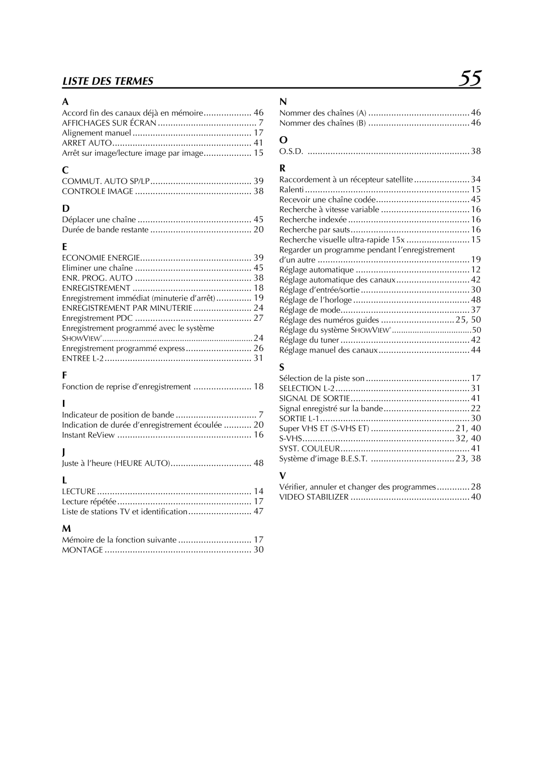 JVC HR-S5955MS manual Liste DES Termes 