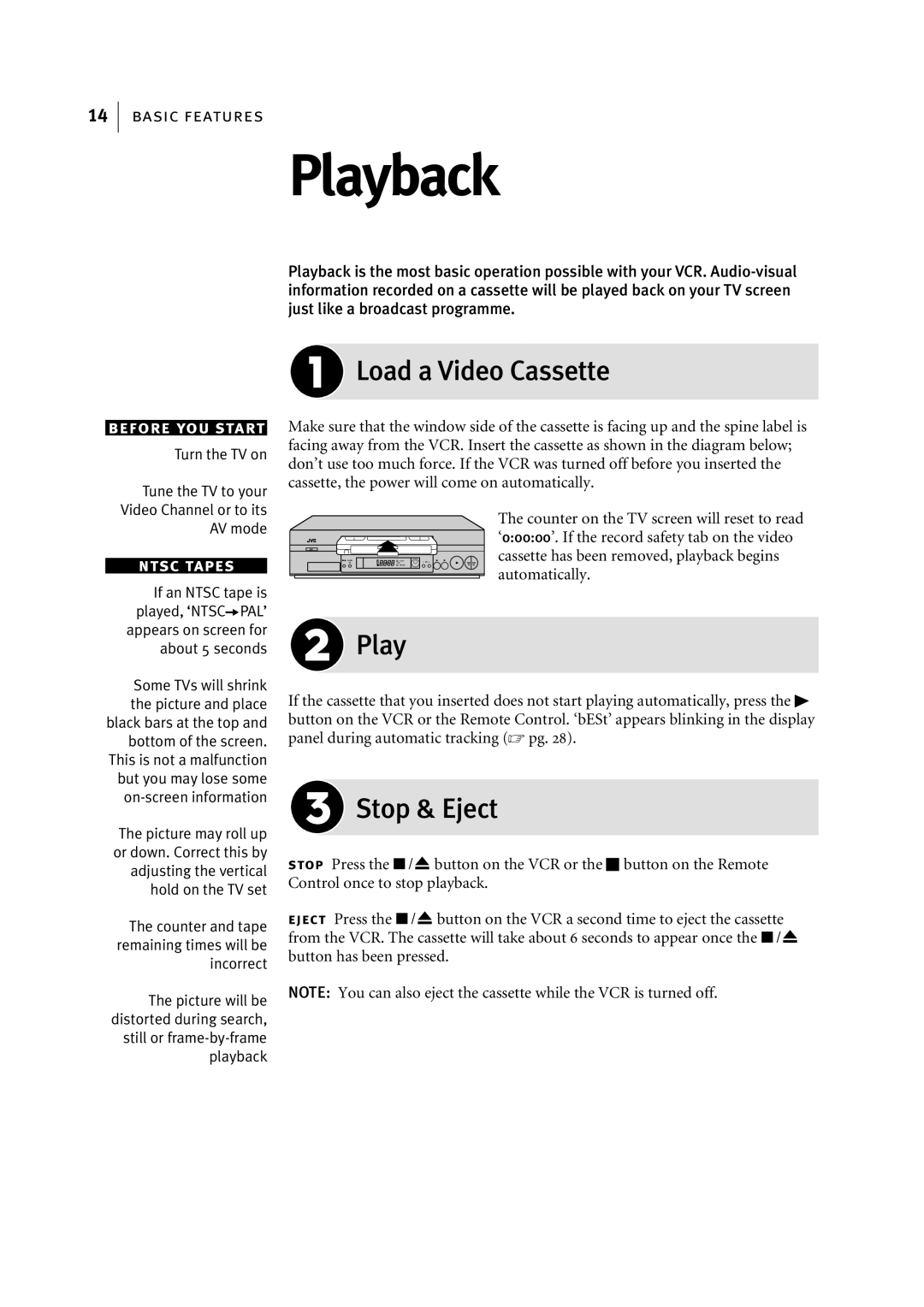 JVC HR-S5956EK, HR-S5955EK manual Playback, Load a Video Cassette, Stop & Eject 